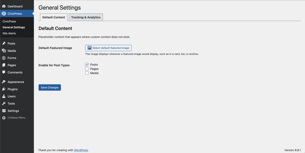 This image shows a tabbed interface for settings that are specific to the CivicPress theme. The first tab is default content where you can configure an image to be the default image for featured images. 